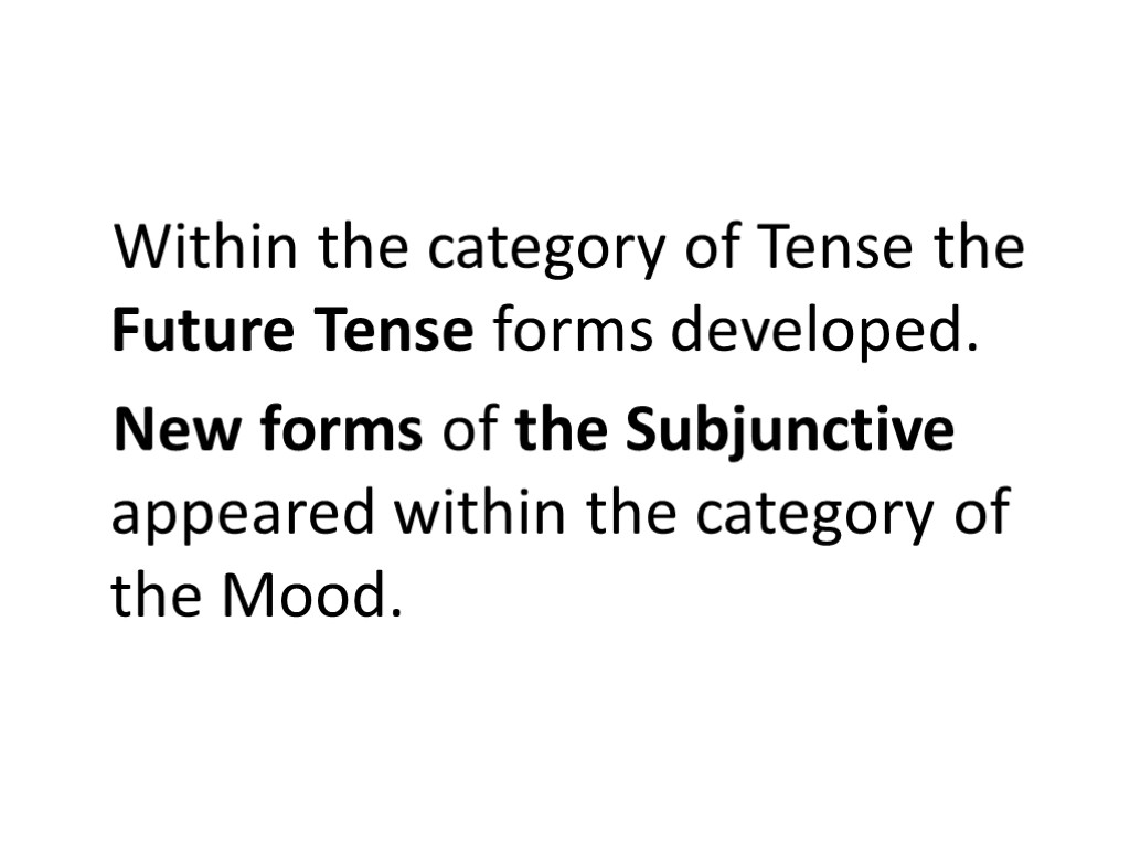 Within the category of Tense the Future Tense forms developed. New forms of the
